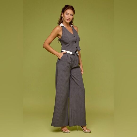 Pin Stripe Vest and Pant Suit Set- Charcoal - Picture 3 of 9